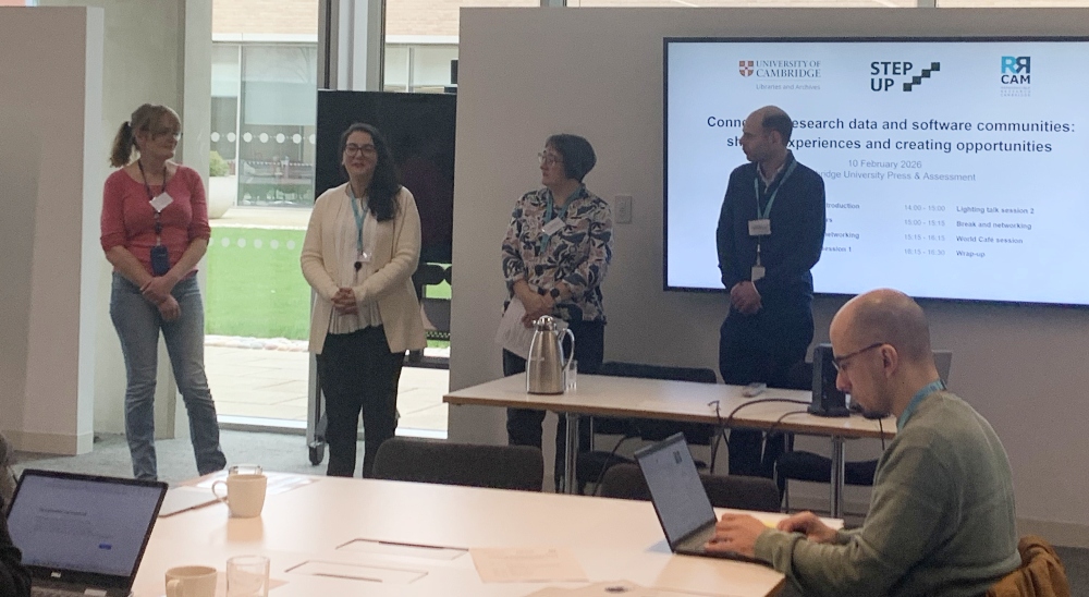 Event hosts Keira McNeice (CUP&A), Alexia Cardona (RRC), Clair Castle (University of Cambridge Research Data Team) and Jeremy Cohen (STEP-UP) welcoming participants.