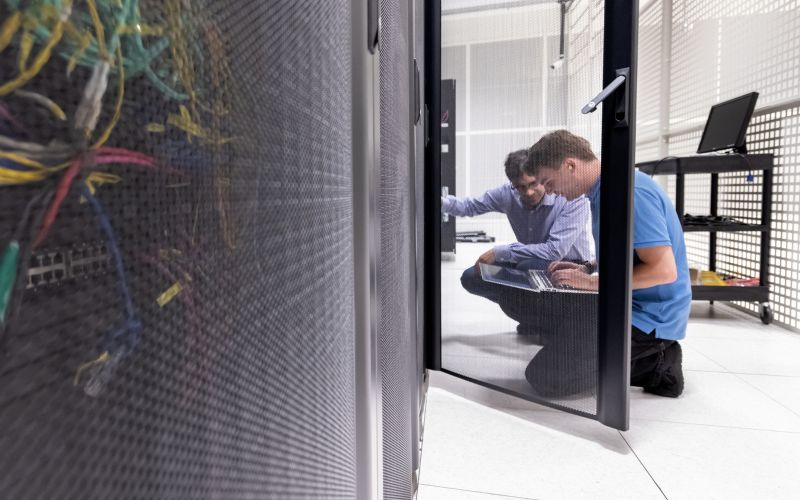 Two research computing engineers conferring in a data centre.