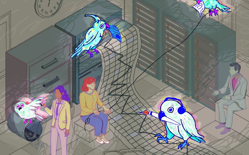 Illustration of a surreal office scene with neon birds interacting with digital elements around three people near servers and file cabinets; one bird writes on a digital mesh, another carries a paper.