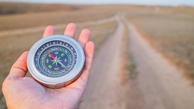 A hand holding a compass in the foreground, with a road leading off into the distance in the background.